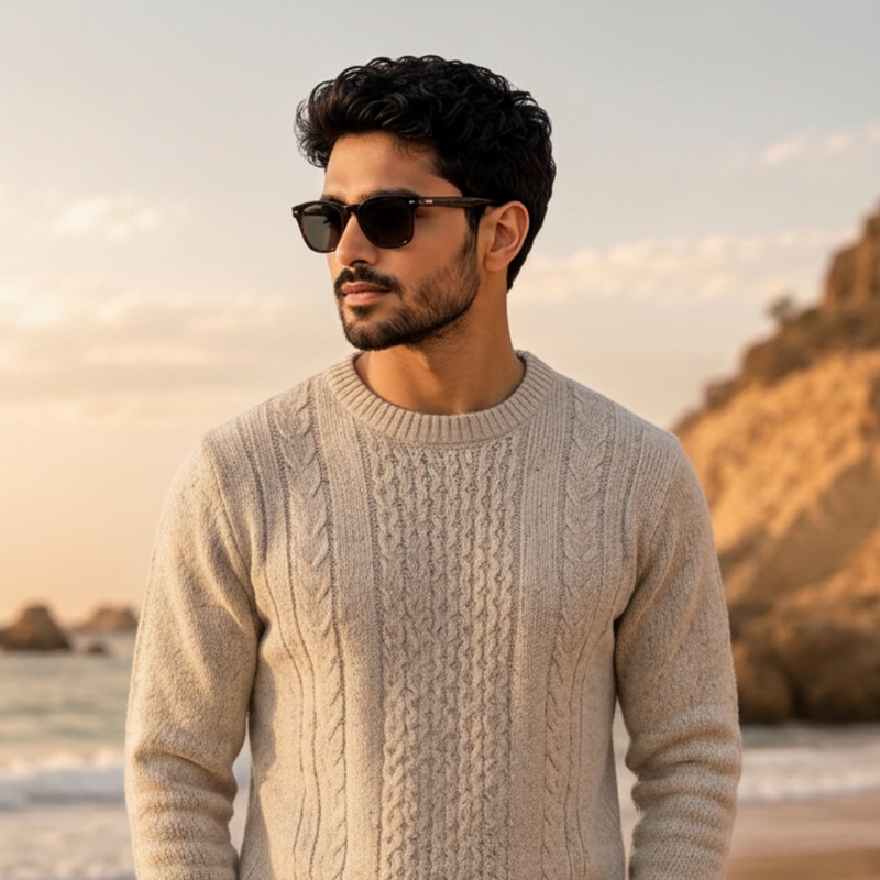 Man wearing a beige sweater and white shorts standing on a beach with ocean and sunset in the background.